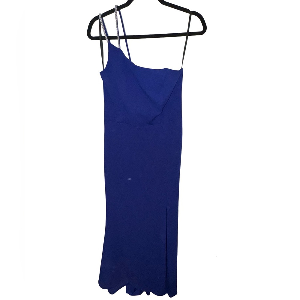 Aqua One Shoulder Blue gown with embellished straps on one shoulder.